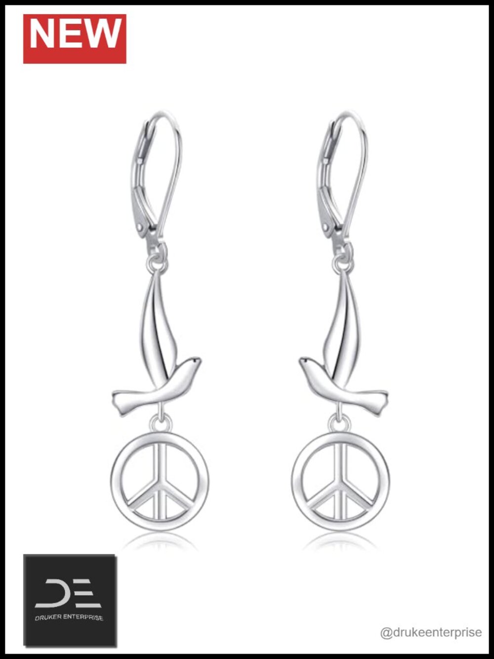 925 Sterling Silver Peace Sign Dove Dangle Earrings Leverback Hippie Jewelry